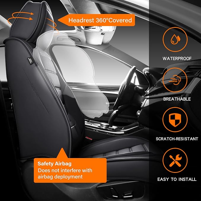 MINGBRON Seat Covers, Car Seat Covers Front Seats, Car Seat Cover, Car Seat Protector Waterproof, Car Seat Cushion Nappa Leather, Black Seat Covers Carseat Cover Universal Fit for Most Cars