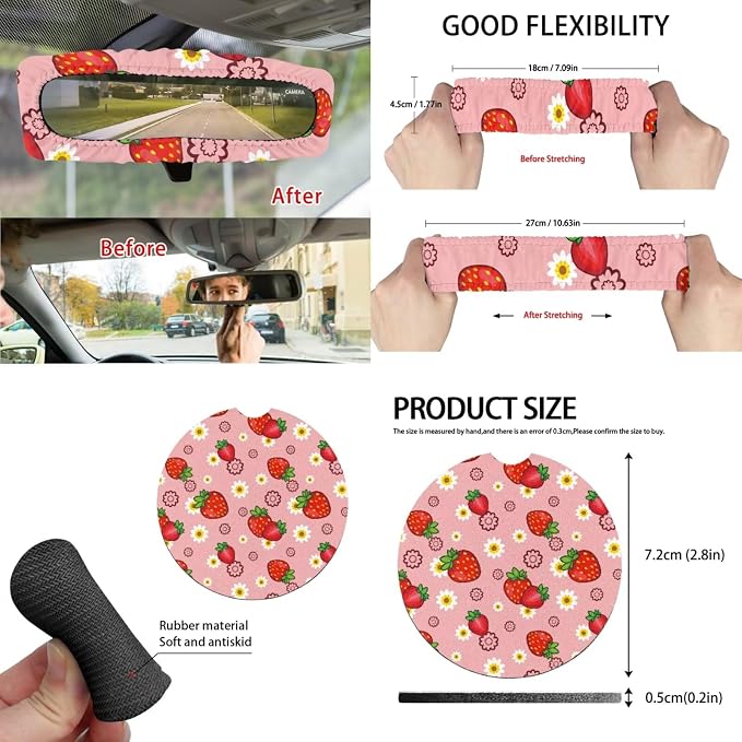 Strawberry Floral 15 PCS Car Seat Cover Set with Auto Steering Wheel Cover Seat Belt Strap Protector Cup Holder Trash Bag Rear View Mirror Protector Keychain