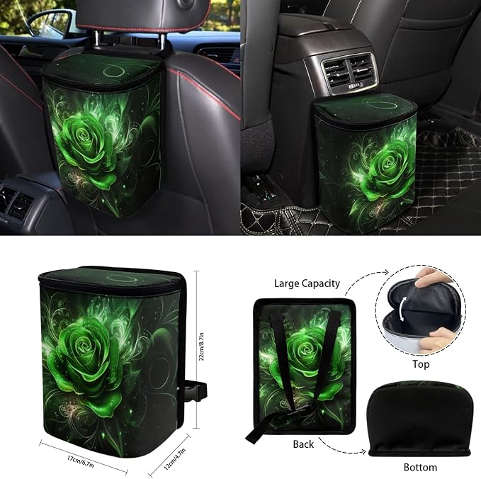 Green Rose Car Seat Covers Full Set for Women Cute Car Accessories Interior Car Steering Wheel Cover Seatbelt Covers Trash Bin Rear View Mirror Cover Cup Holders Keychain
