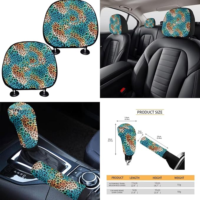 Multicolor Leopard Car Seat Covers Full Set 15 Pcs Universal Car Accessories Steering Wheel Cover Seat Belt Pads Garbage Bag Car Headrest Pillow Covers Armrest Pad