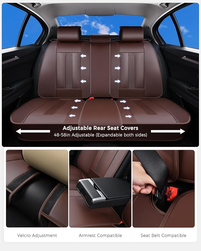 Huidasource Brown Back Seat Cover, Nappa Leather Rear Seat Cover with Ventilation Holes, Velcro Adjustable, Compatible with Seat belts, Child Safety Seats, Universal Fit for Most Cars SUV Truck, Brown