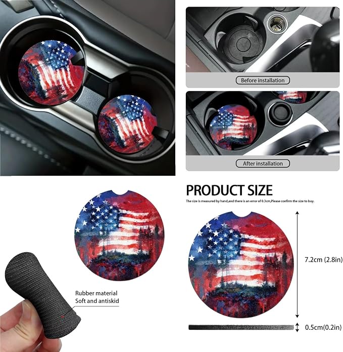 Car Seat Covers 15Pcs Full Set Car Steering Wheel Cover Seat Belt Cover Trash Bin Air Vent Storage Box Rear View Mirror Car Cup Holder Keychain, Vintage American Patriotic Flag