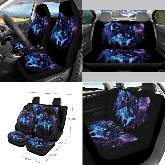 Wolf Galaxy Forest Print Car Seat Covers 15Pcs Full Set Car Steering Wheel Cover Seat Belt Cover Trash Bin Air Vent Storage Box Rear View Mirror Car Cup Holder Keychain
