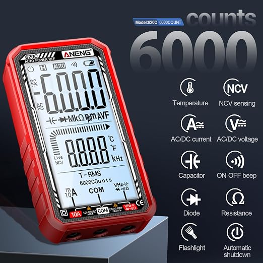 Digital Multimeter Tester, Smart Multimeter with Auto Ranging Digital Voltmeter Measures Voltage Current Resistance Continuity Capacitance Temperature for Electricians,DIY (620C Red)