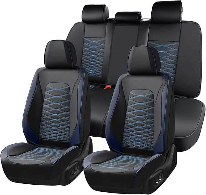 FLORICH Leather Seat Covers, Car Seat Covers Full Set, Car Seat Protector Waterproof, Front and Rear Seat Covers for Cars, Automotive Seat Covers Universal Fit for Most Cars SUV Truck - Blue&Black