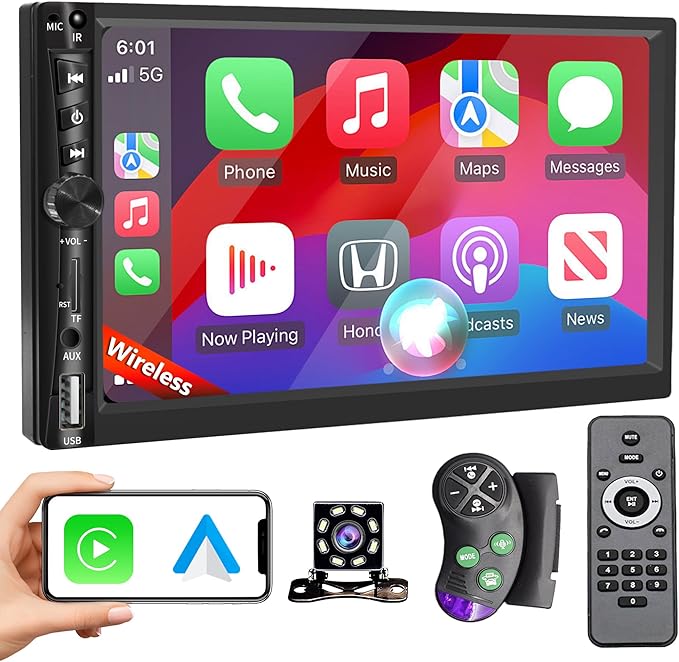 Upgrade Wireless 7" Double Din Car Stereo Apple CarPlay Android Auto 178 * 102mm,Touchscreen Car Play Radio for Car,Screen for Bluetooth 5.2, Weatherproof Backup Camera,FM AM,AUX,Card Slot,USB,SWC