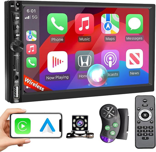 Upgrade Wireless 7" Double Din Car Stereo Apple CarPlay Android Auto 178 * 102mm,Touchscreen Car Play Radio for Car,Screen for Bluetooth 5.2, Weatherproof Backup Camera,FM AM,AUX,Card Slot,USB,SWC