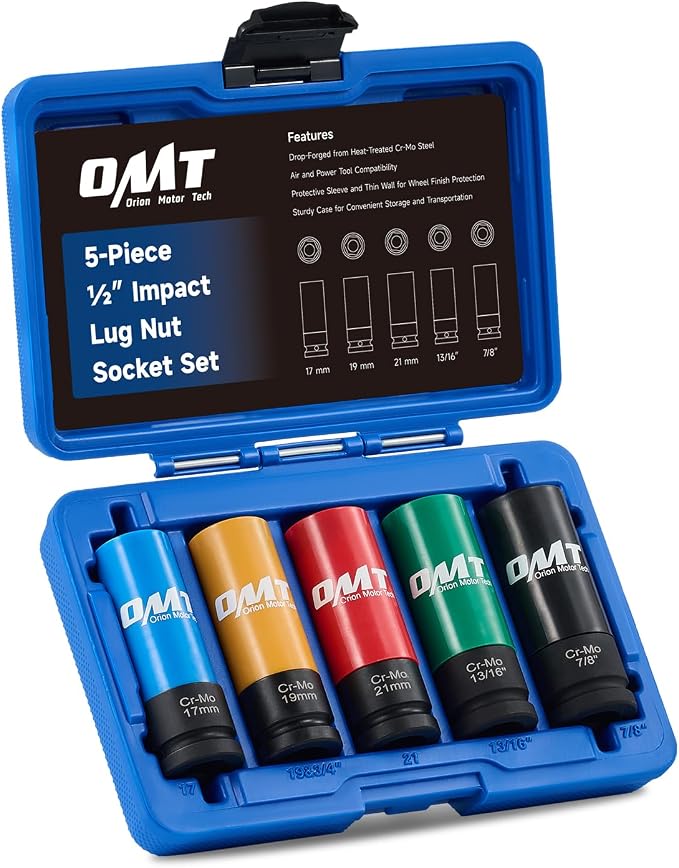 Orion Motor Tech 5pc 1/2" Drive Lug Nut Socket Set, Metric 17 19 21 mm & SAE 13/16 7/8 in. Wheel Socket Set and 3pc 1/2" Drive Extra Long Impact Sockets with 17mm 19mm 21mm Metric Sockets, Bundle