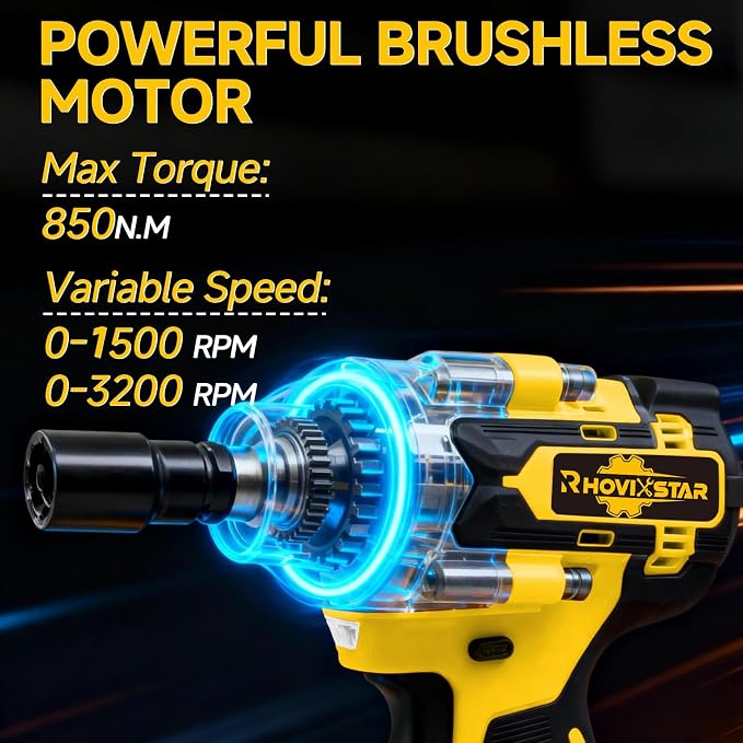 Rhovixster Cordless Impact Wrench 1/2 - 580N.M Max Cordless Impact Wrench Set with 2 Speed Adjustable, Brushless Motor High Torque Impact Guns with 2x4Ah Batteries and Charger