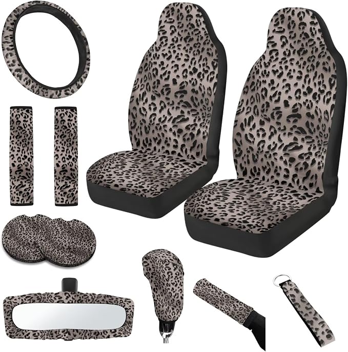 Gray Leopard Print 11 Pack Car Seat Covers Full Set Car Front Seat Cover Auto Seat Belt Cover Rear View Mirror Cover Steering Wheel Cover for Car SUV Seat Protector