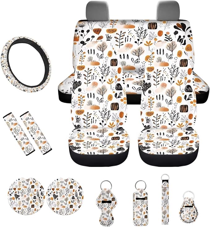 Car Seat Covers 13PCS Car Accessories Steering Wheel Covers+Seat Belt Pads+Coaster+Key Ring+Lipstick Holder Auto Interior Decor,Black, Abstract Boho Geometric Art Print