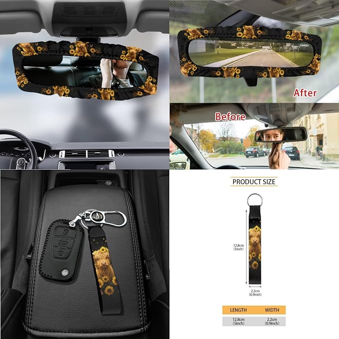 Wanyint Car Seat Cover Set 15 PCS, with Steering Wheel Seat Belt Strap Rear View Mirror Cover Trash Can Cup Coaster Keychain Air Vent Storage Bag Universal Fit, Sunflower Highland Cow Black