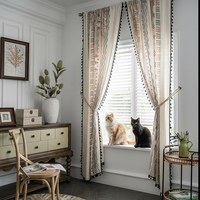 ColorBird Boho Curtains 2 Panels Orange Patterned Window Treatment Striped Geometric Aztec Western Curtain & Drapes for Living Bedroom Dining Room 63 Inch Length Boho Chic Deco
