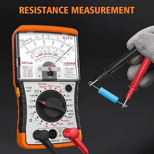 NJTY S471 Analog Pointer Multimeter, High Sensitivity Needle Meter for DC/AC Voltage Current Resistance Testing, Portable Battery and Load Tester with Built-in Fuses