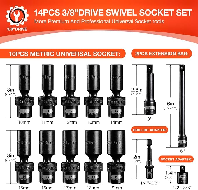 BLACKROBOT 3/8" Drive Swivel Socket Set, 14 Pieces Deep Universal Impact Socket Set, Metric(10-19mm) Flexible Wobble Socket Set, 6 Point, CR-MO, 3", 6" Extension Bars, Socket Adapter