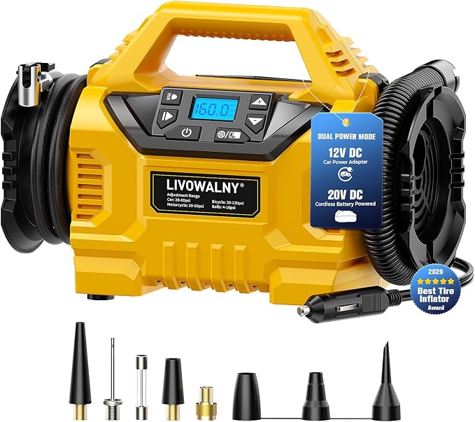 LIVOWALNY 3X Faster Cordless Tire Inflator Air Compressor Pump Compatible with Dewalt 20V Battery, 160PSI 12V DC/20V DC with Pressure Gauge & Deflator for Car, Pickup, Air Mattresses (Tool Only)