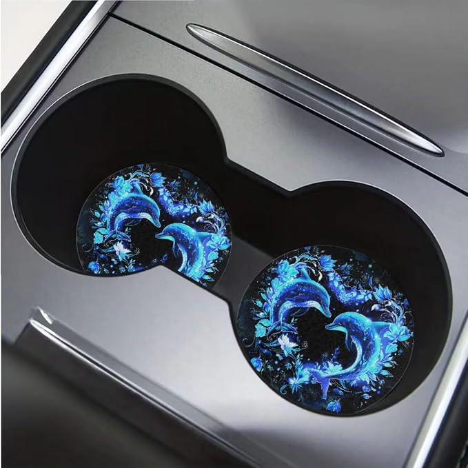 BIGCARJOB Neon Dolphin Print Car Seat Covers Full Set for Front Rear Cute Dolphin Print Armrest Cover Center Console Pads Universal Car Interior Accessories with Steering Wheel Cover 12 Pcs Set
