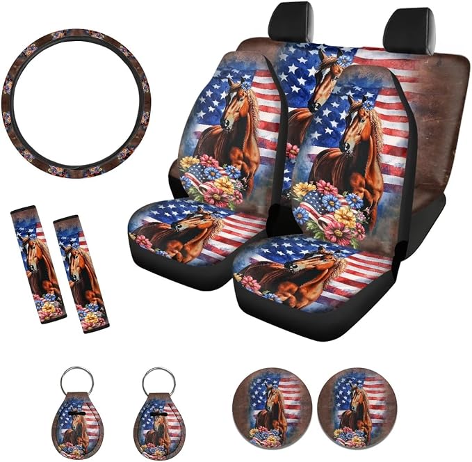 Xoenoiee America Flag Horse Floral Pattern 11 Pcs Universal SUV Car Seat Covers Auto Interior Accessories Full Set with Steering Wheel Covers, Seat Belt Pads, Key Chain, Car Cup Mat