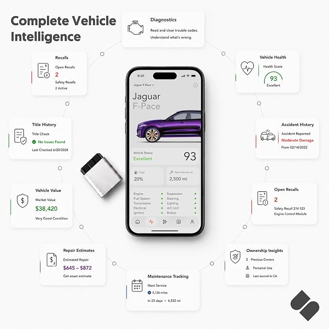 OBD2 Scanner for iPhone/iOS, Bluetooth Vehicle Diagnostics, No Subscription | Vehicle Insights with plain-English diagnostics, repair estimates, recall alerts, title history and vehicle health reports