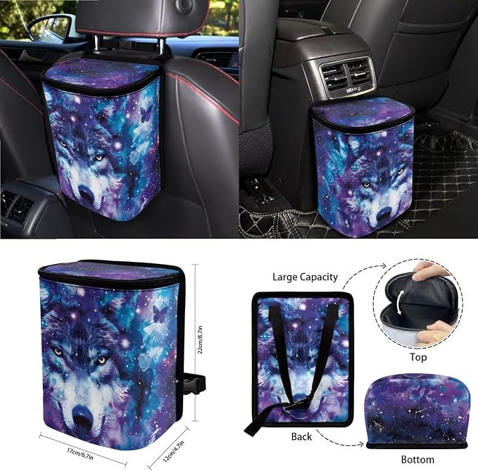 Wolf Galaxy Butterfly Print Full Set with Front Back Seats Steering Wheel Covers, Trash Can, Air Vent Bag, Auto Seat Belt Pads, Mirror Cushion, Cup Holder Coaster for Women Men