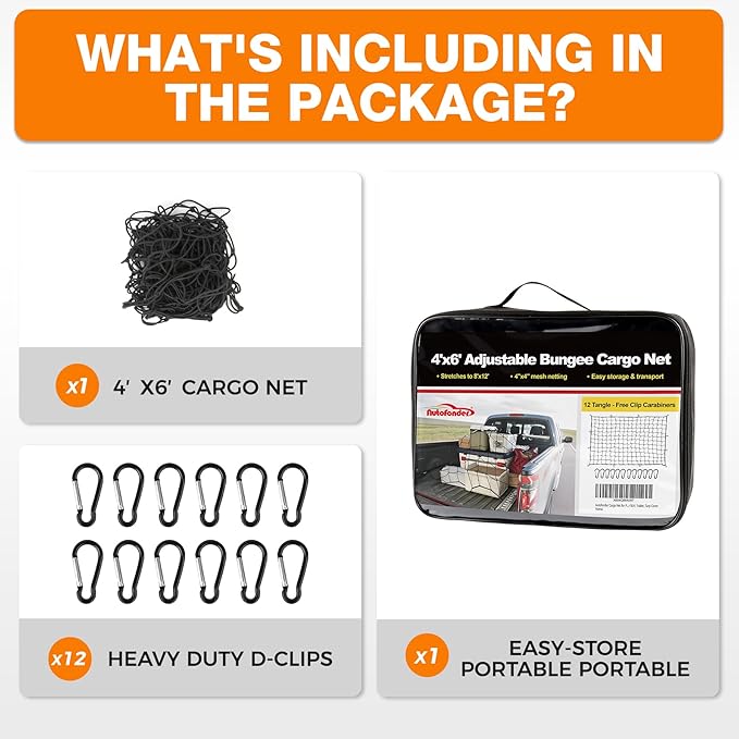 Cargo Net for Pickup Truck Bed 4'x6' (Stretches to 8'x12') - Bungee Mesh with 12 Tangle-Free Carabiners & Storage Bag, Universal Truck Bed Accessories for SUV, Trailer, Tarp Cover