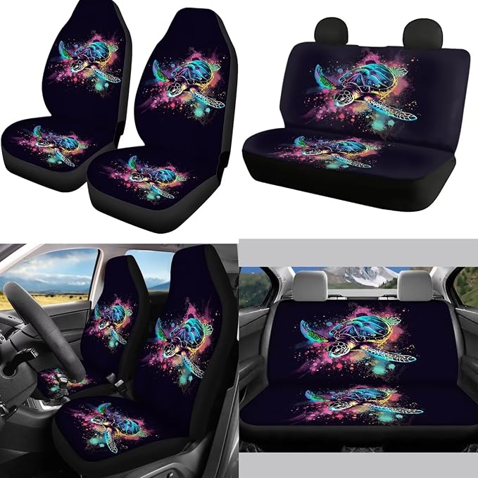 Mumeson Sea Turtle Car Front and Rear Bench Covers Set with Rubber Steering Wheel Cover + Armrest Cushion for Cars + Seat Belt Shoulder Pads Full Set of 8 Pieces Auto Decor