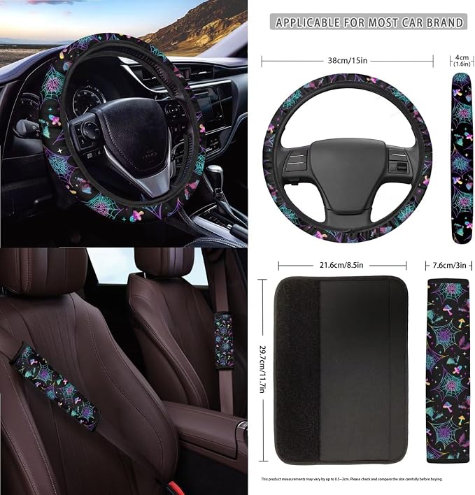 Mushroom Bat Spider Web Car Seat Covers 15Pcs Full Set Car Steering Wheel Cover Seat Belt Cover Trash Bin Air Vent Storage Box Rear View Mirror Car Cup Holder Keychain Halloween Decor