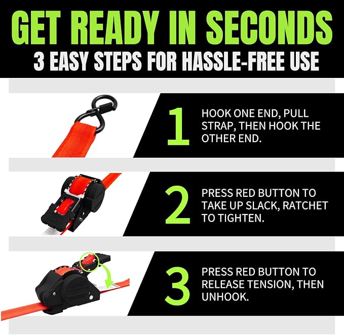 Retractable Ratchet Straps, 4-Pack, 1 Inch x 12 Feet Heavy Duty Tie Downs, 1760lb Break Strength, Self Retracting for Truck, Cargo, Trailer, Motorcycle, ATV, UTV (Red, 4pack)