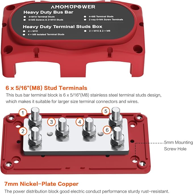 450A 12-48v Busbar Box 6xM8(5/16in) Studs Nickel-Plated Copper Power Distribution Block Battery Junction Block Buss Bar with Accessory kit for Solar Systems RV Electrical Box