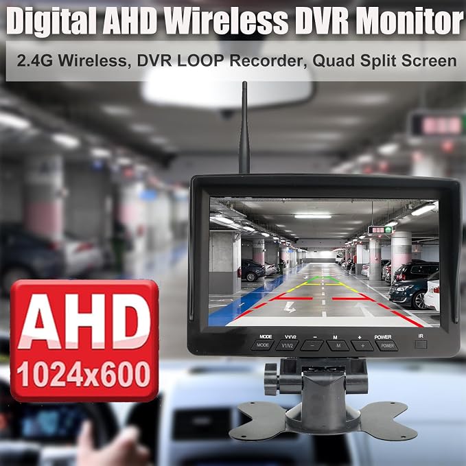 Vehicle 720P Digital Wireless Backup Camera System 1024X600 7-inch AHD IPS Monitor DVR Loop Recorder+IP69K Waterproof IR Wireless Reversing Camera Dash Camera for Truck Bus RV Trailer Car