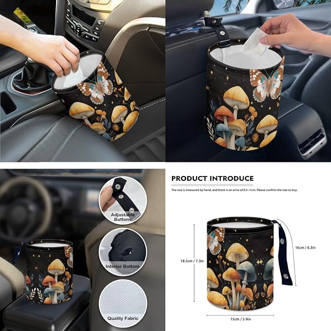Butterfly Moon Mushroom Car Seat Covers Set of 15 with Universal Steering Wheel Cover, Rearview Mirror Cover, Car Trash Can, Seatbelt Pads, Cup Holder Coasters, Keychains