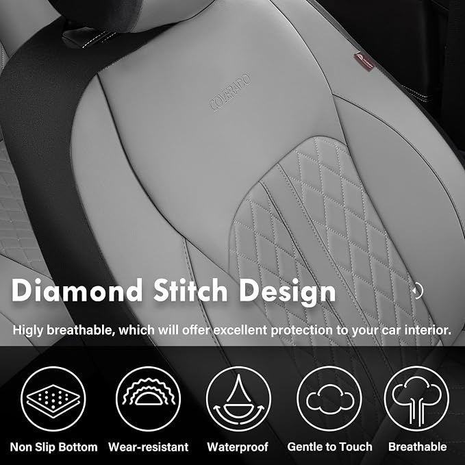 Coverado Universal Leather Seat Covers Front Seats, 2-Pack Seat Covers for SUV, Pickup Truck, Sedan, Automotive Vehicle Interior, Waterproof and Durable All Weather Protector，Gray