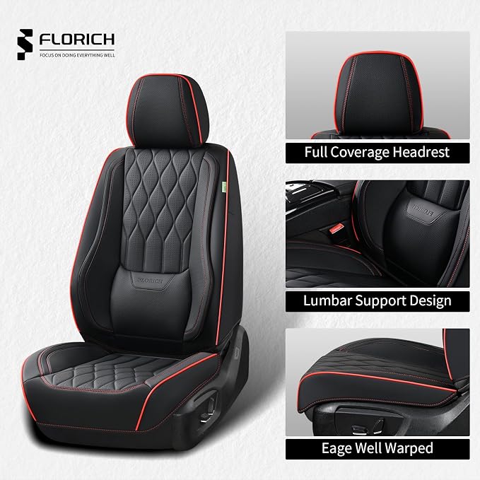 FLORICH Car Seat Covers Front Pair Luxury Faux Leather Car Seat Cover Automotive Seat Covers 2 Pack Waterproof Car Seat Cushion Protector Universal Fit for Most Cars Sedans Trucks SUV, Black&Red Line