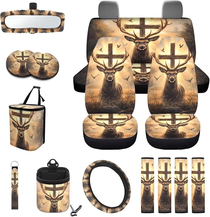 Wild Deer with Cross Print 15 PCS Car Accessories, Universal Auto Seat Protector Steering Wheel Cover Seatbelt Strap Covers Trash Can Cup Holders Rearview Mirror Cover Keychain