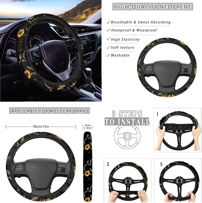 Xoenoiee Bee Sunflower Pattern Universal Car Seat Covers Full Set 11-pcs Car Interior Accessories, Car Coasters, Keychain, Steering Wheel Cover, Seat Belt Pad