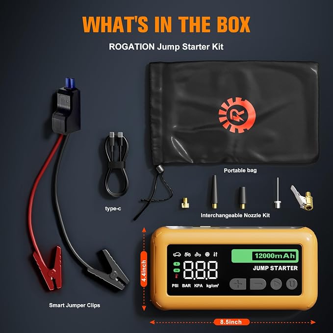 Jump Starter with 150PSI Air Compressor, 2000A Peak 12V Booster, 10000mAh Portable Car Battery Jump Starter, Up to 10L Gas/8L Diesel Engines, 33W Bidirectional fast Charging Power Bank-Orange