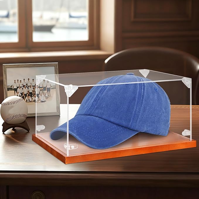 Clear Acrylic Hat Display Case with Wood Base & Tee, Memorabilia Stand Cube Holder, Dust Protection Transparent Storage Box for Single Hat Souvenir Hats Collections