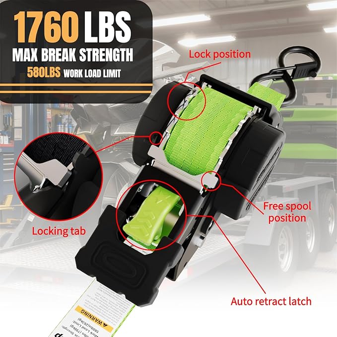 Retractable Ratchet Straps Heavy Duty Tie Down 1''*12ft Breaking Strength 1760LBS Cargo Securing System,for Motorcycle,Jetski,Kayak(2 Pack, Neon Green)