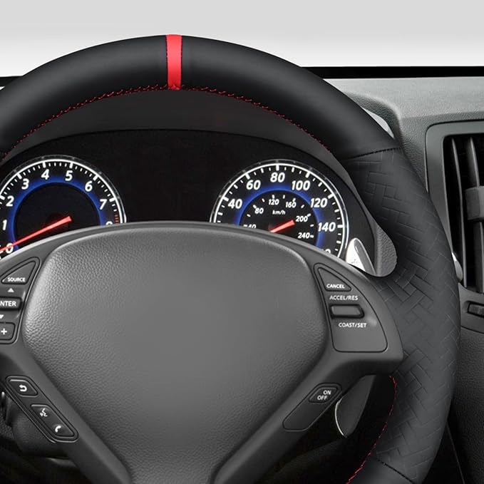 MEWANT Hand Stitch Black Smooth Embossed Faux Leather Steering Wheel Cover for Infiniti G25 G35 G37 EX35 EX37 Q60 QX50