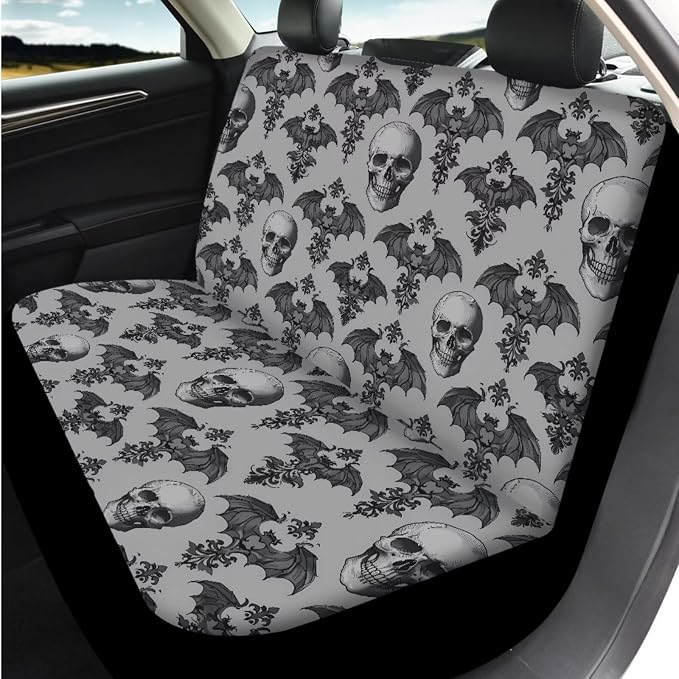 Bulopur Gothic Skull Bat Print Car Seat Covers Front and Backseat with Steering Wheel Cover Vehicle Armrest Cover Seat Headrest Covers Keychain Auto Interior Accessories Set 14 Pieces