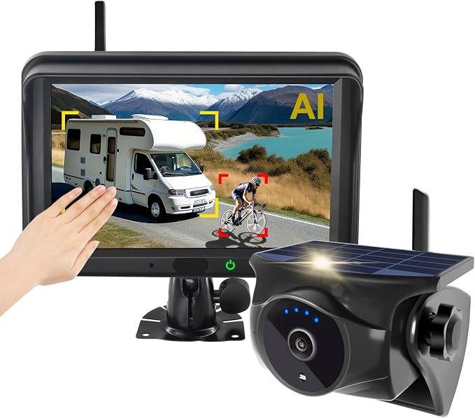 Magnetic Solar Wireless Backup Camera: AI Pedestrian & Vehicle Detection, 1-Min Install, No Wiring/Drilling, Gesture Control,Rechargeable Battery, Night Vision, 5" 1080P Monitor for RV, Trailer, Truck