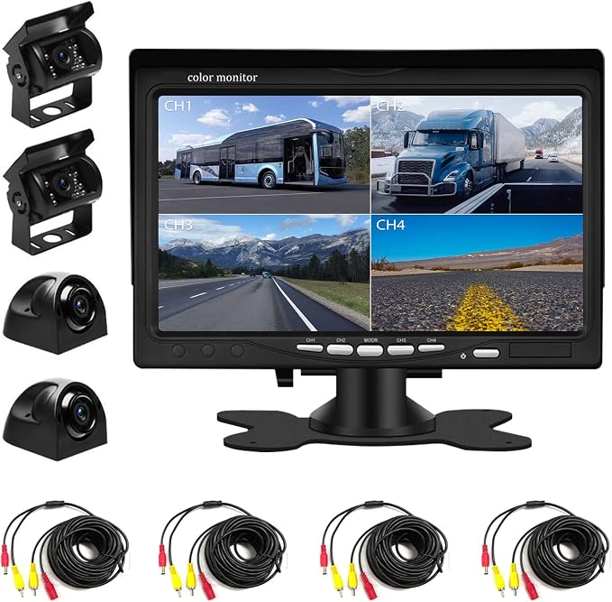 Backup Camera Kit 7 inch 4-Spilt Monitor Rear View Cameras with IP 67 Waterproof 18 IR Night Vision Car Camera for Tucks, RVs,Trailers,Bus,Vans + 4pcs 10m/393.7inch Cables Vehicle Backup Camera