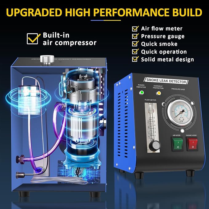 Automotive Smoke Machine, Professional Leak Detector Built-in Air Pump Flow Meter 19PSI Leak Diagnostic Tester Tool Unit Kit 12V EVAP Dual Mode for All Vehicles Pipe Systems, ATV, Boat, Motorcycle
