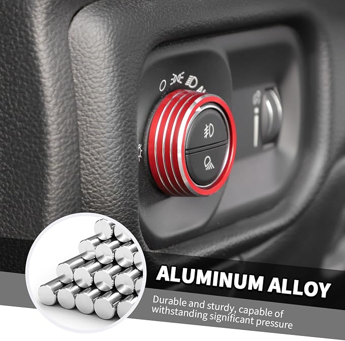 Jimen for Ram Center Console Knob Covers, 7PCS AC Air Conditioner Audio Volume Button & Headlight Switch & 4WD Shifter Knob Ring Trim Fit for Dodge Ram 2018-2025 (Red)