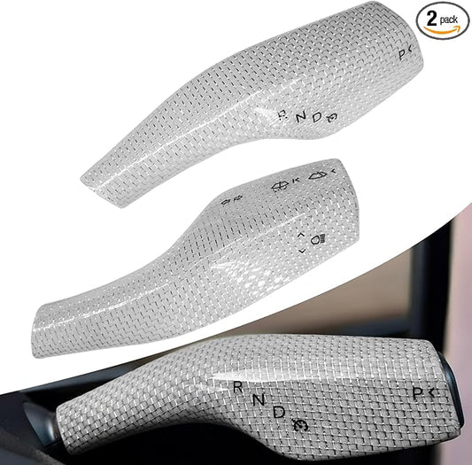 Carbar Fit for Tesla 3/Y Carbon Fiber Steering Lever Cover Real Column Gear Shift Knob Cover Wrap Decoration Interior Accessories (2Pcs White Glossy Carbon Fiber)