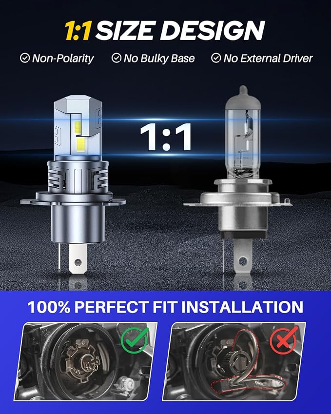 AUTOONE H4 LED Light Bulbs Upgraded 900% 50000LM Brightness 6500K White H4/9003/HB2 Hi Lo w/Cooling Fan for Halogen, 1:1 Size 99% Compatibility, Plug-N-Play, Longer Lifespan