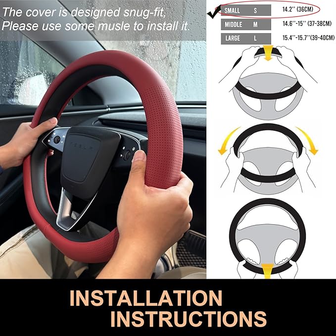 PINCTROT Nappa Leather Steering Wheel Cover for Tesla Model Y/3 Highland/Juniper, D Shaped 14 Inch Small Sized with Breathable Perforation, Fit Like Gloves, Flat Bottom 14 Inch(Nappa Rust Red)