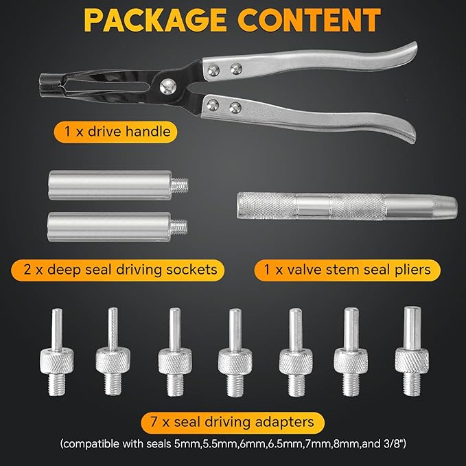 11PCS Valve Stem Seal Remover and Installer Tool Kit | Valve Seal Removal Kit with Pliers, Drive Handle, Sockets, Adapters, Valve Stem Installation Tool