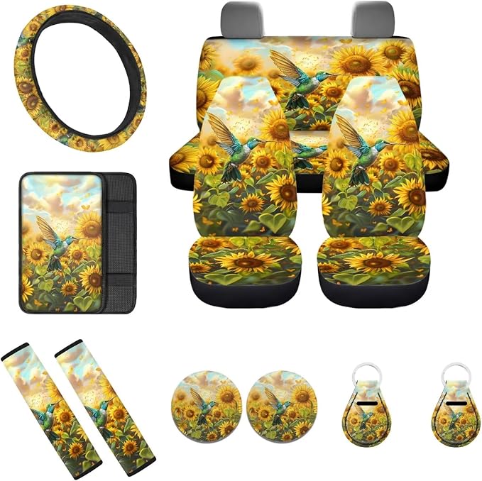 Hummingbird Sunflower Automotive Seat Covers for Women,Yellow Flower Steering Wheel Cover Seat Belt Pad Armrest Pads Car Coasters,12Pcs Hummingbird Car Accessory Protector
