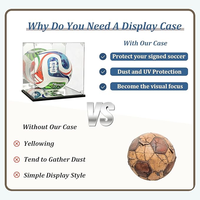 Acrylic Soccer Ball Display Case - Mirror Back & Base, UV Protection Dustproof Box for Autographed Size 5 Soccer Ball - Heavy Duty Memorabilia Cube Holder with Removable Stand (10.5" x 10.5" x 10.8")
